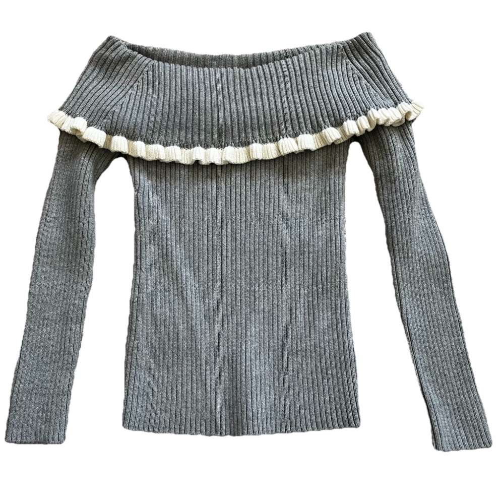 INTERMIX Gray Off-Shoulder Sweater w/ Cream Trim Feminine Dainty Size Small - Picture 8 of 8